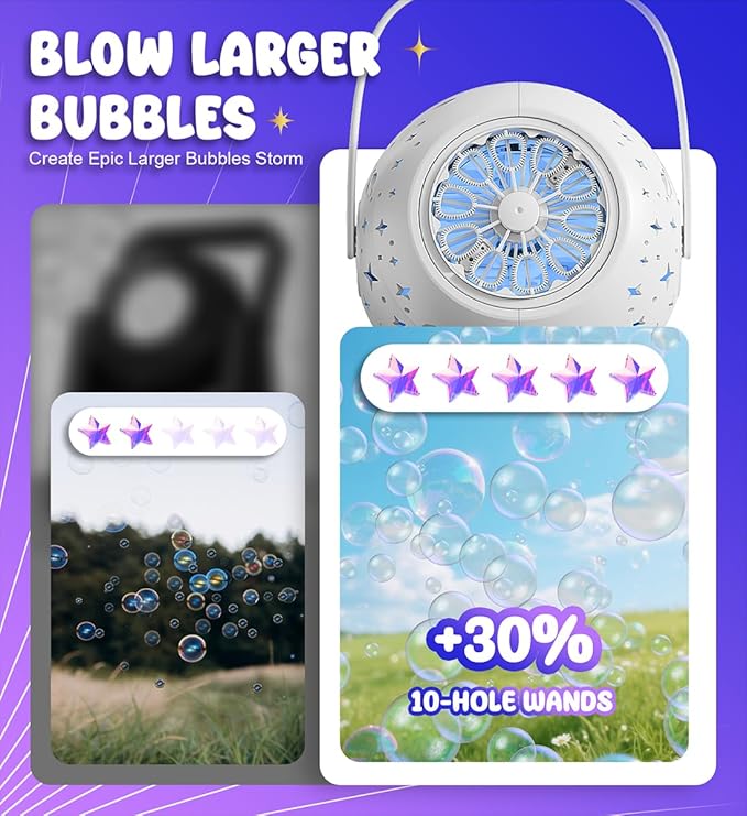 Rechargeable Bubble Machine - 7 Color LED Light, 10 Large Wands, 20oz(600ml) Tank - Automatic Bubbles Maker Blower - Outdoor Toys for Toddlers 1-3, Kids Age 3+, Parties, Boys Girls Birthday Gifts