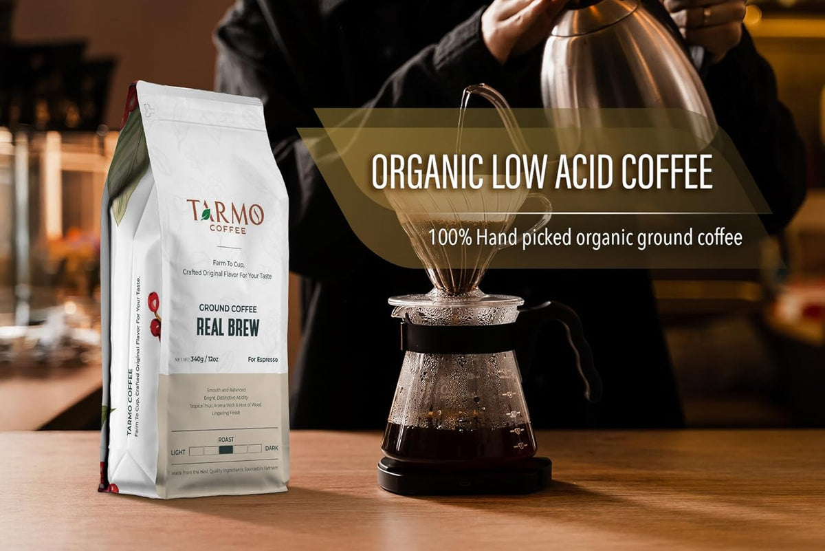 Tarmo - Real Brew, Low Acid 100% Arabica Ground Coffee, Specialty Vietnamese Coffee, Single Origin Medium Roast, Coffee Ground 12 Oz Bag