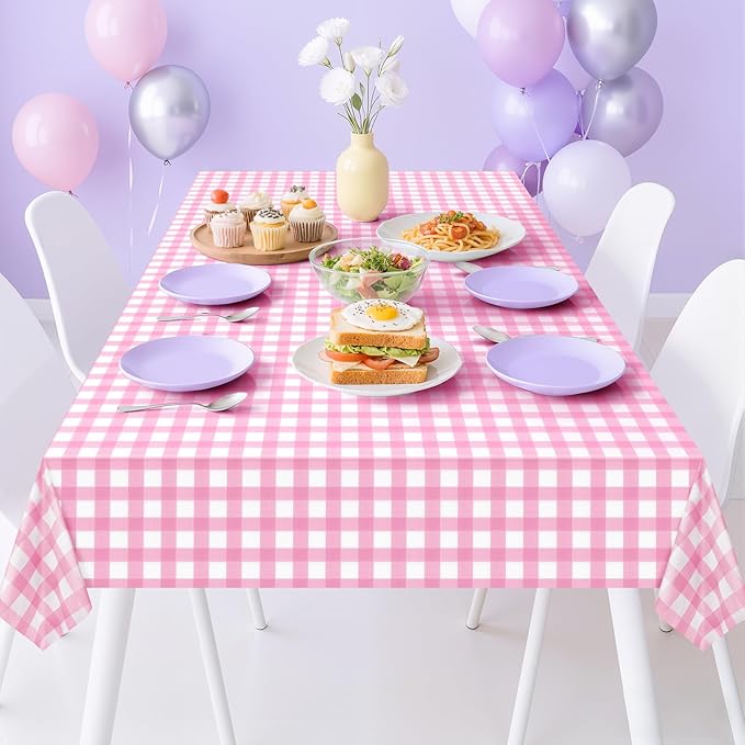 1 Pack Pink Striped Gingham Tablecloths, 54 x 108 Inch Disposable Plastic Rectangle Table Covers, Waterproof Pink and White Checkered Pink Table Cloths for Picnic, Birthday, Party, Outdoor Events