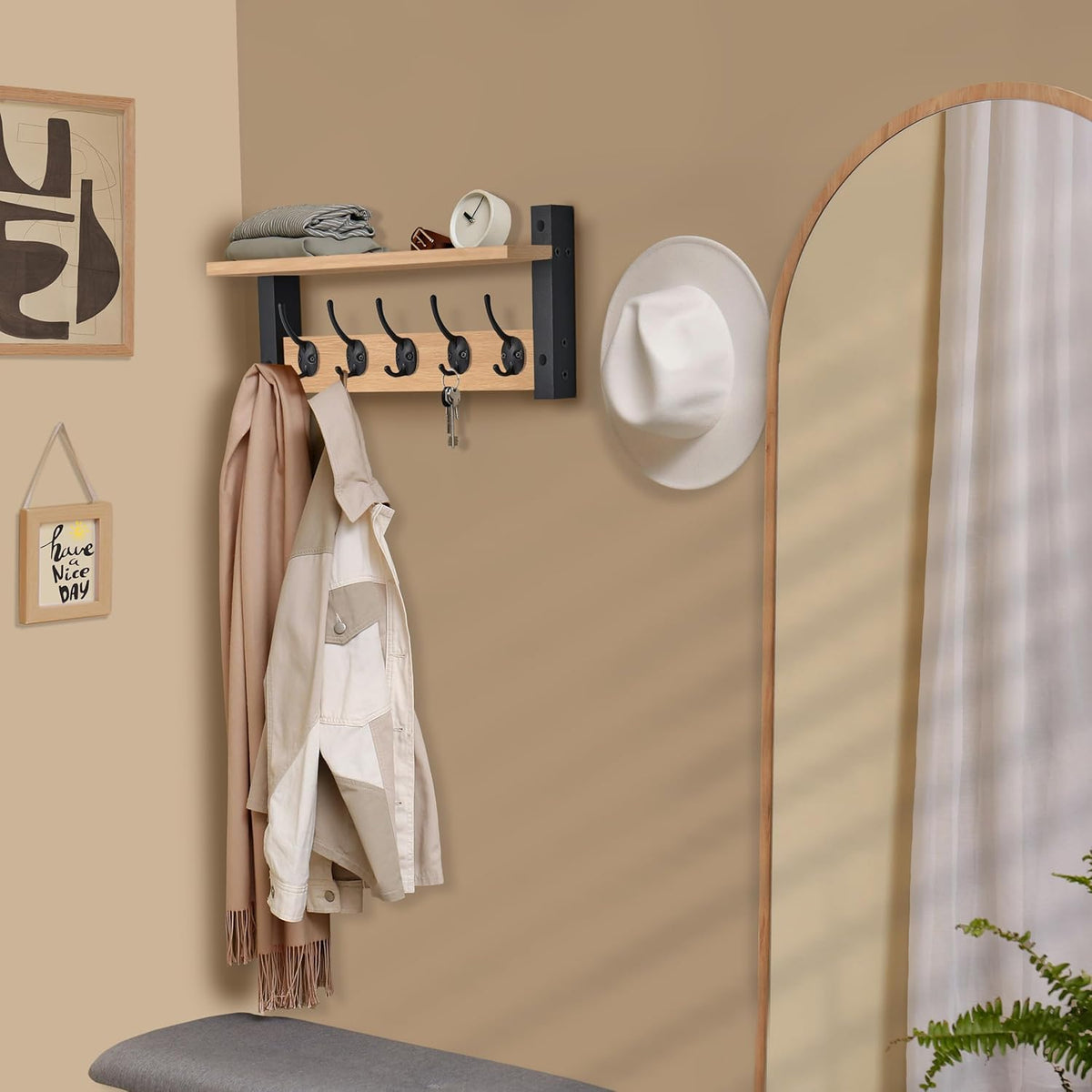 Sorbus Coat Hooks Wall Mount with Shelf – 16 Inch Coat Rack Wall Mount with 5 Heavy Duty Hooks – Floating Wall Shelf with Hooks for Entryway