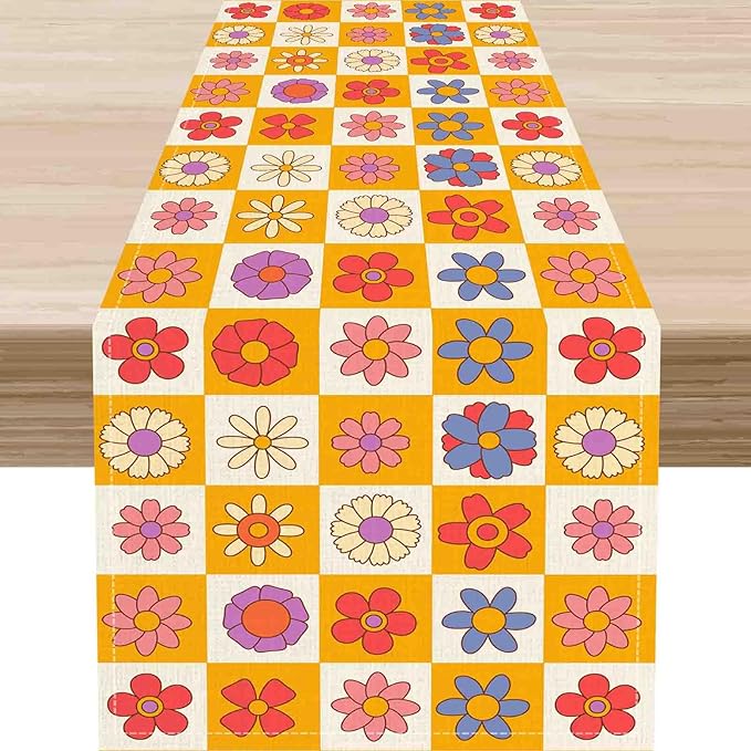 70s Table Runner, Retro Groovy Hippie Daisy Floral Colorful Checkered Funky Trippy Coffee Table Center Decor for Home Kitchen Dining Patio Holiday Party Indoor Outdoor Table Decorations, 13"x36" Inch