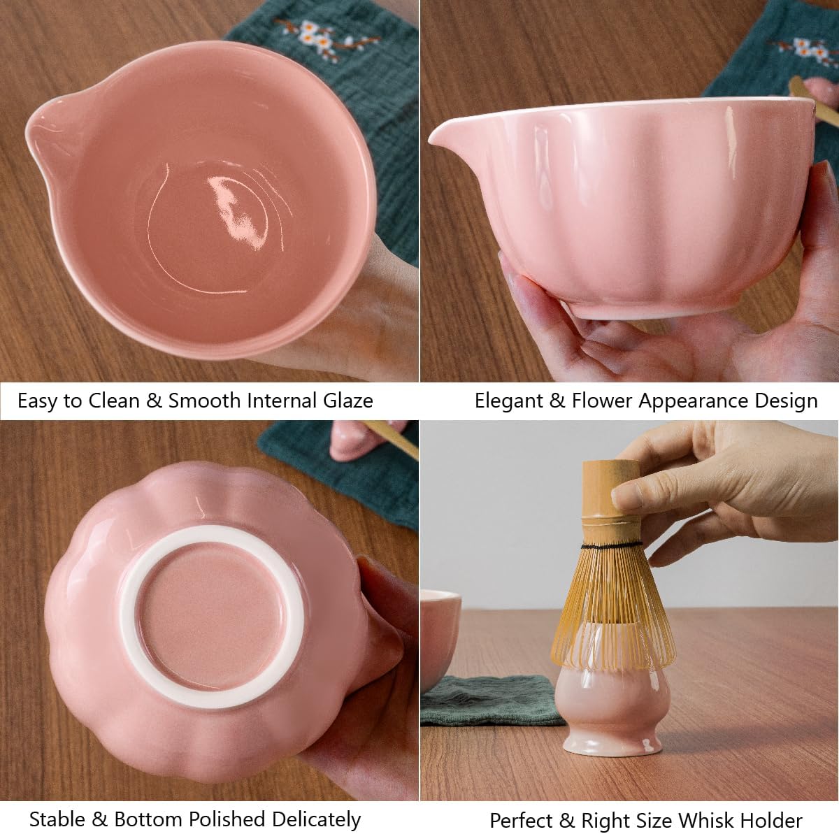 Pink Matcha Kit, 7 Pcs Matcha Whisk Set Includes Matcha Bowl with Spout, Bamboo Whisk, Chasen Holder, Sifter, Scoop and Rest, Tea Towel
