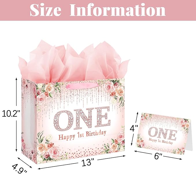 Laidans Rose Gold One Year Old Happy Birthday Gift Bag with Tissue Paper and Card for Bday Party Supplies (Rose Gold) (1st)