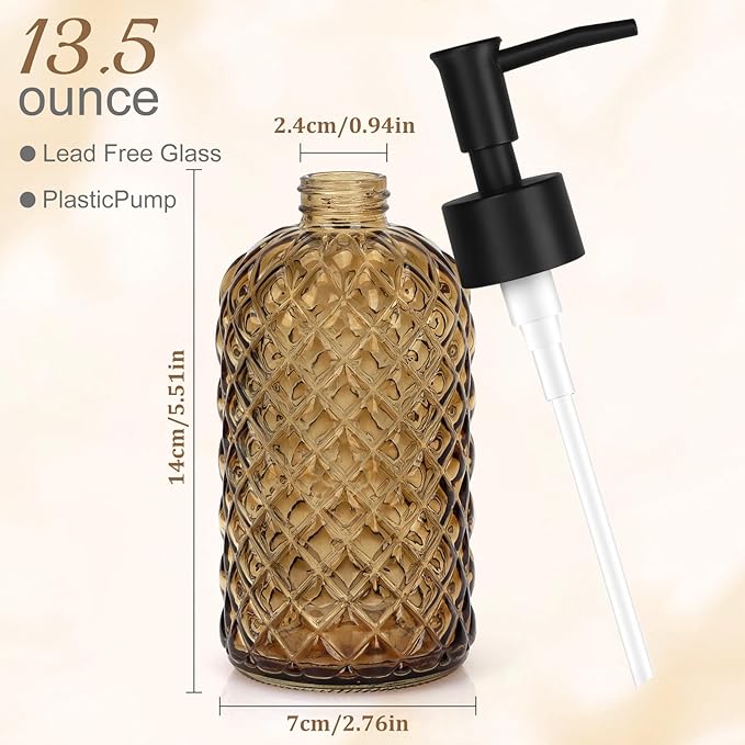 13.5Oz Gem Design Soap Dispenser with Plastic Pump, Refillable Glass Soap Dispenser for Hand Soap, Dish Soap, Lotion (Amber)