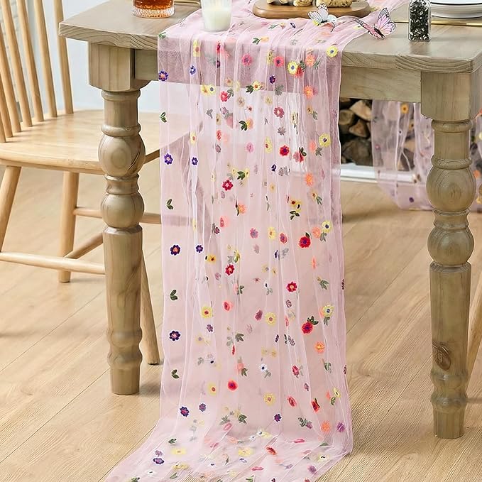 Artoid Mode 6PCS Pink Embroidery Daisy Gauze Table Runner 120 Inch 10FT, Seasonal Sheer Kitchen Dining Holiday Wedding Birthday Table Decor for Home Party