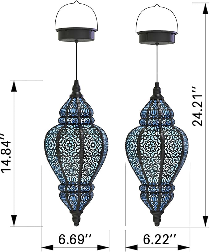 Moroccan Hanging Solar Lights Outdoor Lantern Bidirectional Availabili Garden Decor Waterproof Plastic Blue Decorations for Patio Pathway Yard Backyard Solar Powered Garden Decorative (Black, 1)