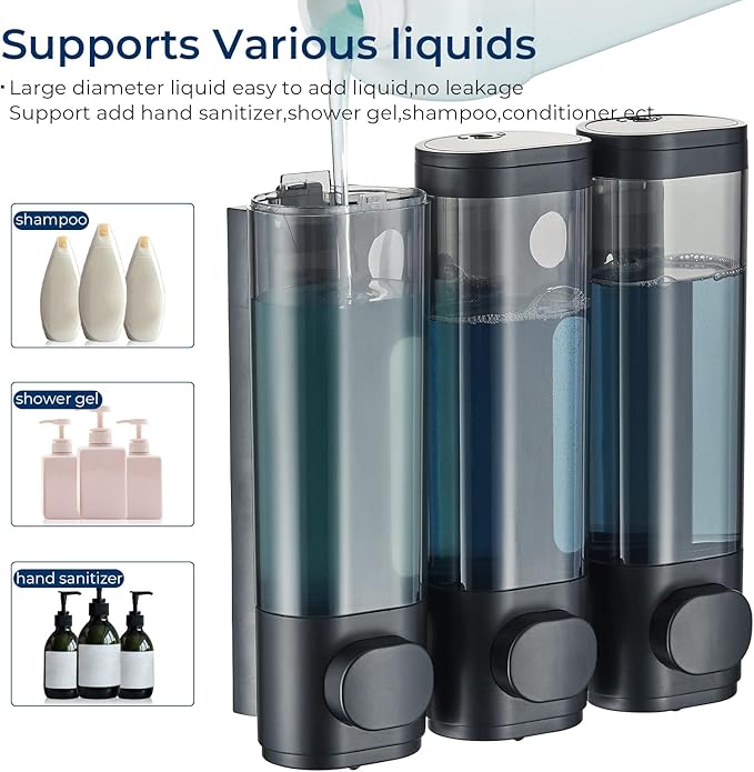 Pollock Shower Dispenser 3 Chamber No Drill Shampoo Conditioner Body Wash Dispenser for Bathroom, Large Capacity, Black