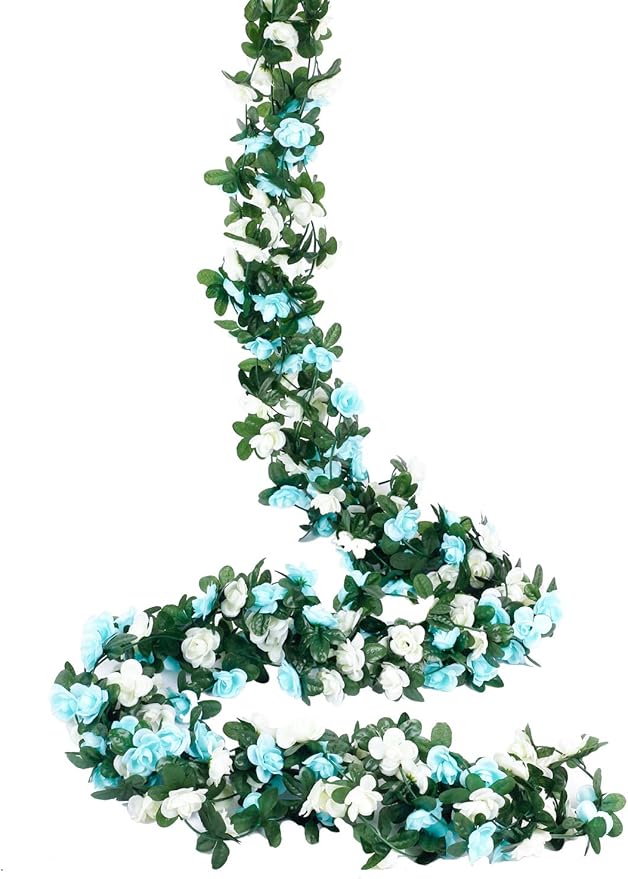 Miracliy 5Pcs 41FT Blue and White Flower Garland Artificial Rose Arch Vines Fake Spring Floral Garland for Flower Wall Backdrop Wedding Mothers Day Garden Tea Party Decoration
