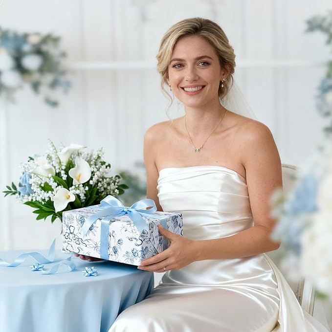 WERNNSAI Blue Bow Floral Wrapping Paper Roll - 1 Roll 17”x 33 ft Baby Blue Bow Gift Wrap Paper Vintage Floral Gift Packing for Coquette Birthday Wedding Bridal Shower Party Supplies