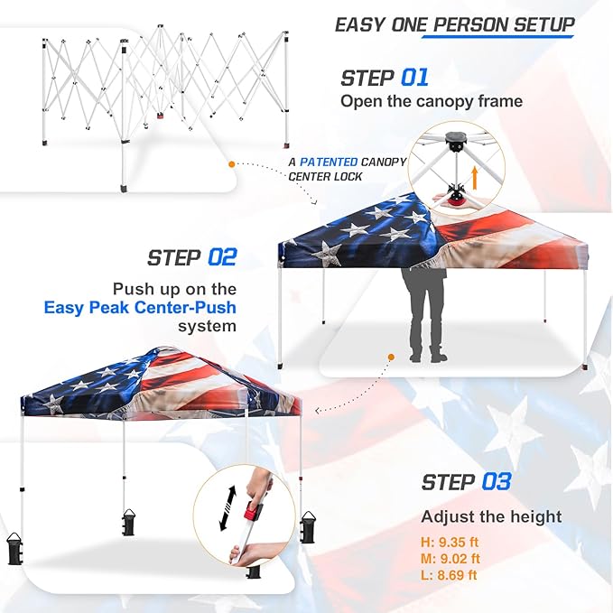 EAGLE PEAK Pop Up Canopy Tent with Wheeled Carry Bag, 8 Stakes, 4 Ropes, 4 Weight Bags, Easy Set Up Tent Canopy, 10x10 ft, 100sqft of Shade, Stars and Stripes