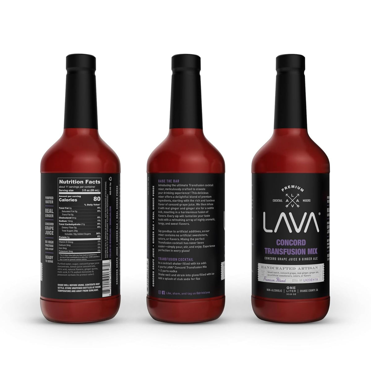 Lava Premium Concord Transfusion Mix made with concord grape juice, real ginger, ginger ale, no artificial sweeteners, 1-Liter (33.8oz) Glass Bottle