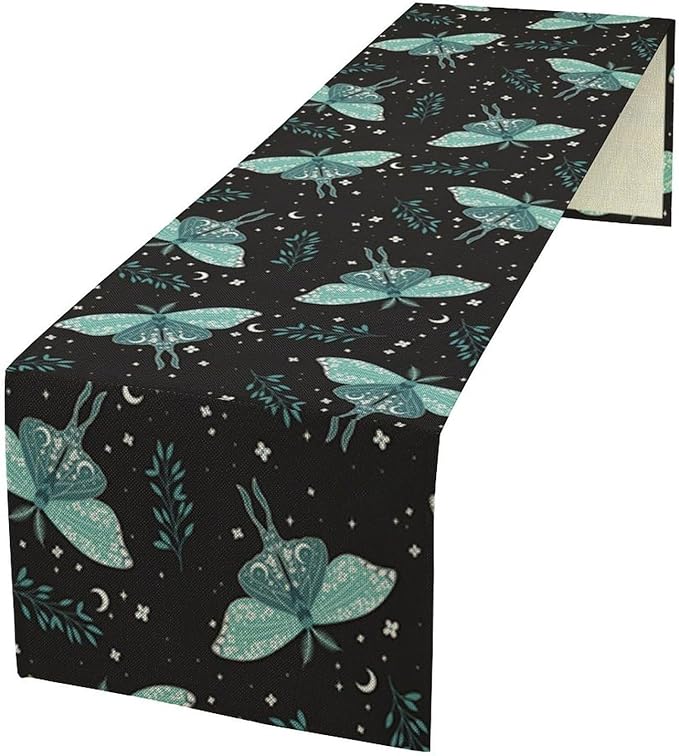 Butterfly Moth Table Runner, Boho Moon Green Leaves Plant Print Table Runner for Farmhouse Kitchen Dining Table Holiday Party Home Decor 13x70in