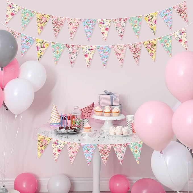 Faccito 49 Ft 5 Pcs Tea Floral Party Paper Bunting Decor Outdoor Bunting Banner Outdoor Vintage Bright Floral Paper Wildflower Garland Garden Theme Tea Party Bridal Shower Decorations for Women