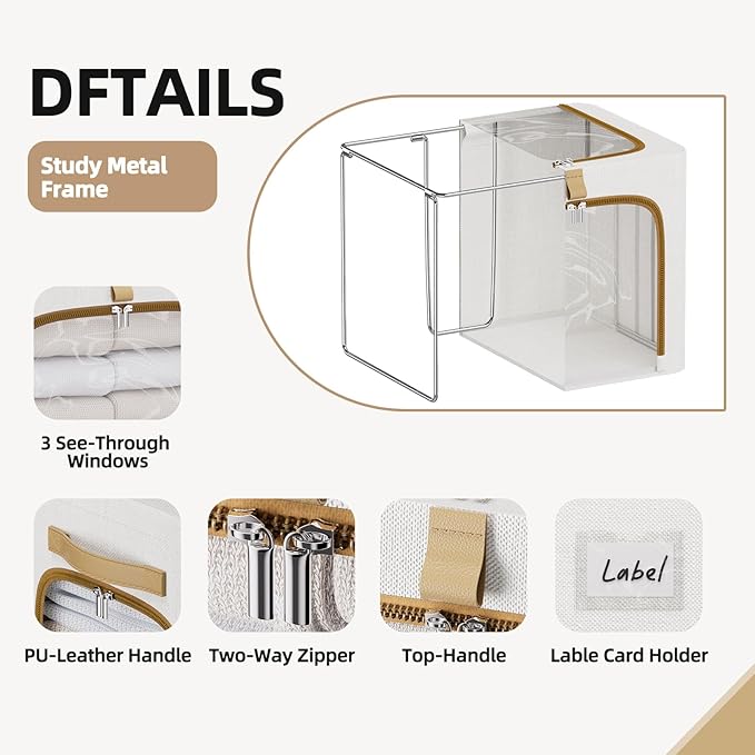 CYhom Clothes Storage Bins with Metal Frame,3 See-Through Windows Openings Clothing Storage Bin,3 Pack Foldable Storage Bins Boxes for Closet (White, 43L-16.5 x 12.6 x 12.6IN)