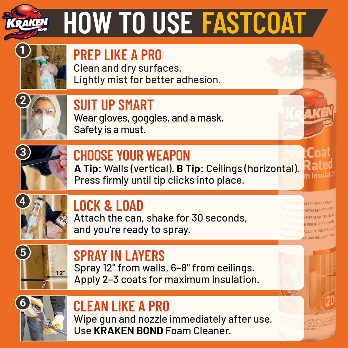 Kraken Bond Fastcoat Fire Rated Spray Foam Insulation Closed Cell in a Can 360 sq ft (18x27.1 oz.) (R-Value 11.32 / 2in) - Spray Foam for Garage Door, Attic, Wall Gun & Cleaner Included, 18 Pack