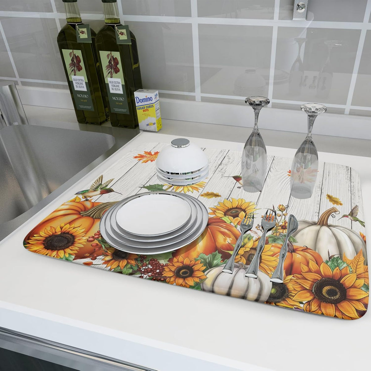 Autumn Harvest Pumpkin Dish Drying Mat for Kitchen Counter Sunflower Maple Leaves Fall Dish Drying Mat 18”x24” Thanksgiving Dishes Pad Dish Drainer