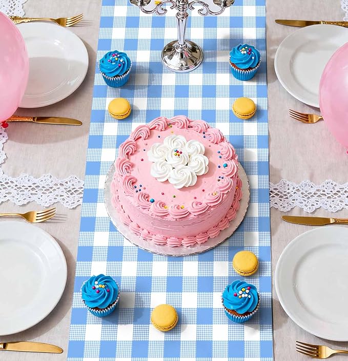 3 Pcs Light Blue and White Checkered Table Runner Plastic 14 x 108 Disposable Baby Blue Gingham Table Runner for Birthday Wedding Baby Shower Party Table Centerpiece Decorations