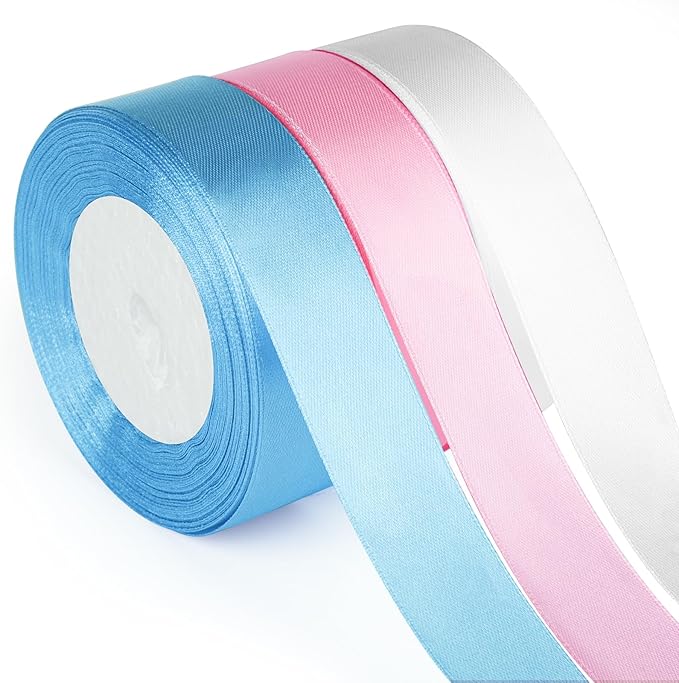 ASTARON Satin Ribbon for Crafts 1 Inch, Pink Blue Solid Color Fabric Ribbon for Gifts Bouquets Wrapping DIY Hair Bows Birthday Wedding Baby Shower Gender Reveal Party Decorations