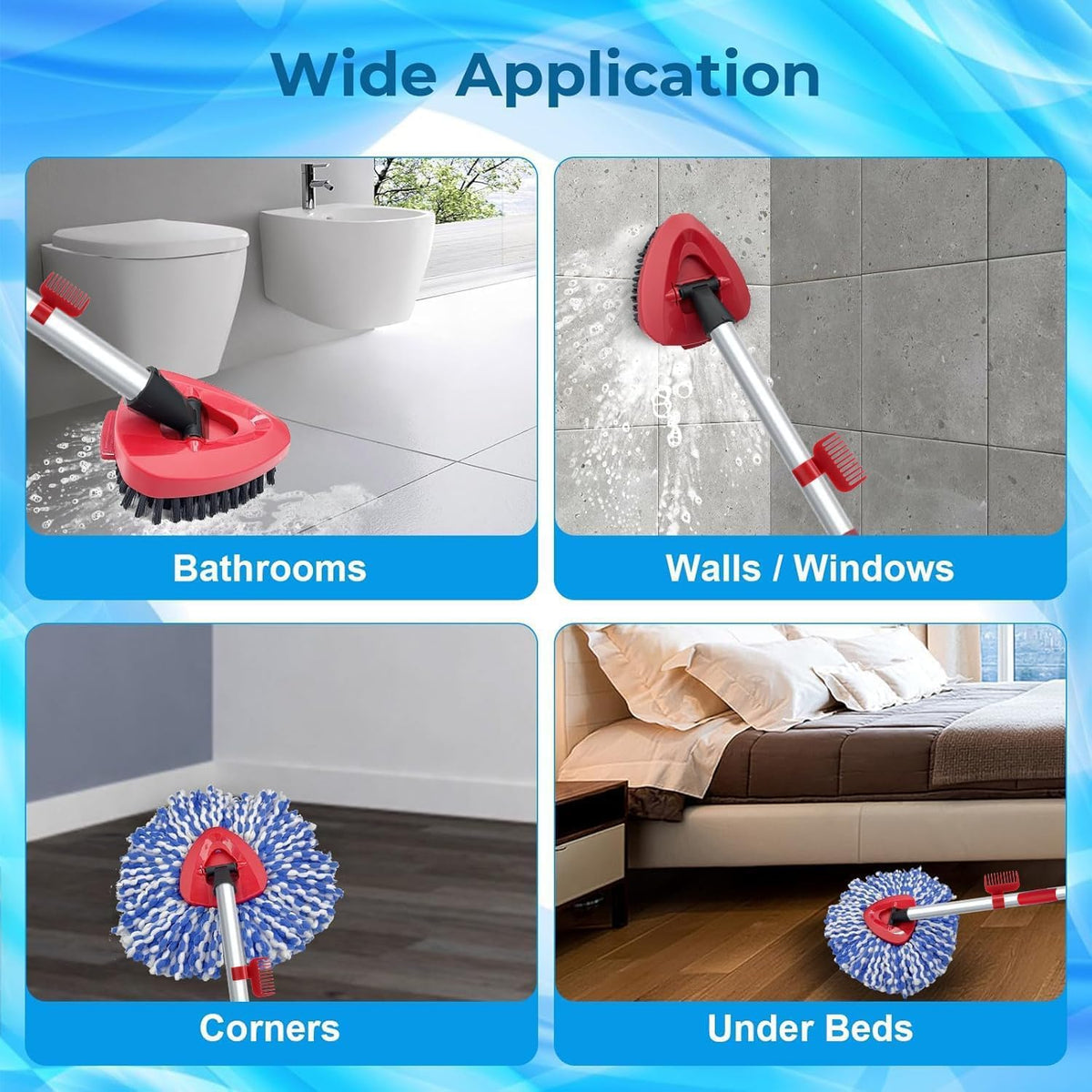 Spin Mop Head and Brush Replacement Compatible with O Cedar RinseClean 2-Tank System, 4 Mop Replace Heads, 1 Handle, 1 Base and 1 Scrub Brush Combo Set