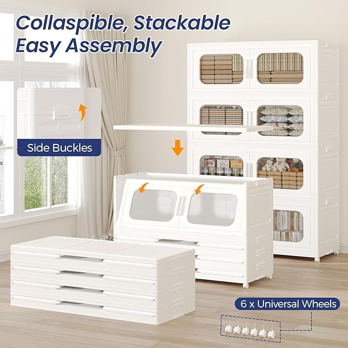 200GAL Extra Large Storage Bins with Lid, 800QT Storage Bins with Wheels, Folding Closet Organizer, Stackable Collapsible Plastic Storage Containers for Home, Office, Kitchen, 4Pack White