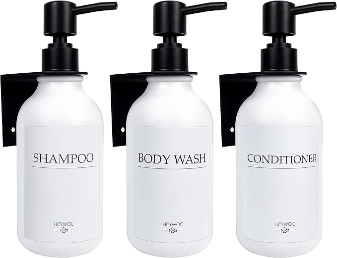 Shampoo Dispenser for Shower Wall, Shampoo and Conditioner Dispenser with 16 Waterproof Labels, No Drill Shower Soap Dispenser Bathroom, Shower Soap Dispenser Wall Mounted,17oz, 3 Pack, Black White