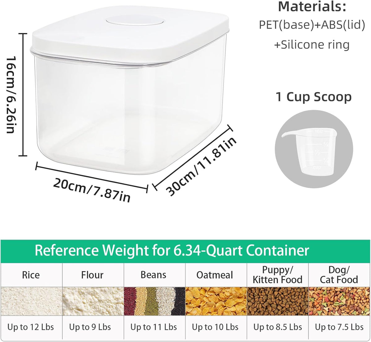 Airtight Flour Container 12 Lbs, Clear PET Plastic Food Storage Container Bin with Pop Up Lids For Rice Flour Sugar