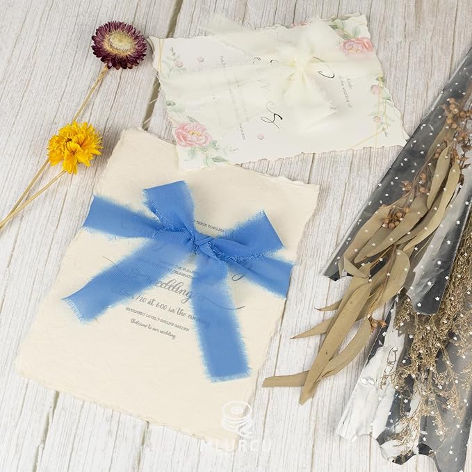 Blue Chiffon Ribbon 1 Inch x 21Yds Handmade Fringe Chiffon Silk Ribbon Blue & Cream Frayed Chiffon Ribbon for Baby Shower Wedding Invitation Flower Bouquets Gift Wrapping