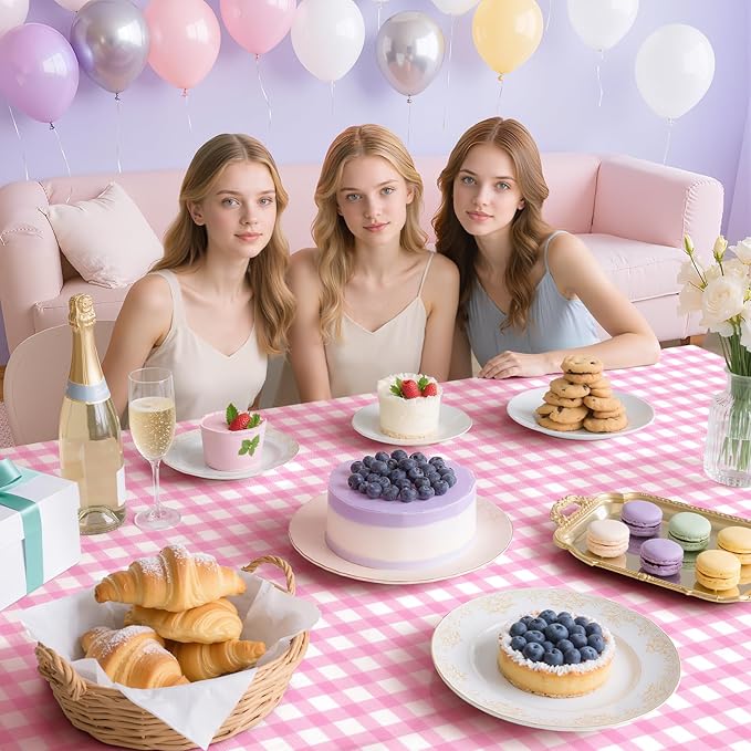 1 Pack Pink Striped Gingham Tablecloths, 54 x 108 Inch Disposable Plastic Rectangle Table Covers, Waterproof Pink and White Checkered Pink Table Cloths for Picnic, Birthday, Party, Outdoor Events