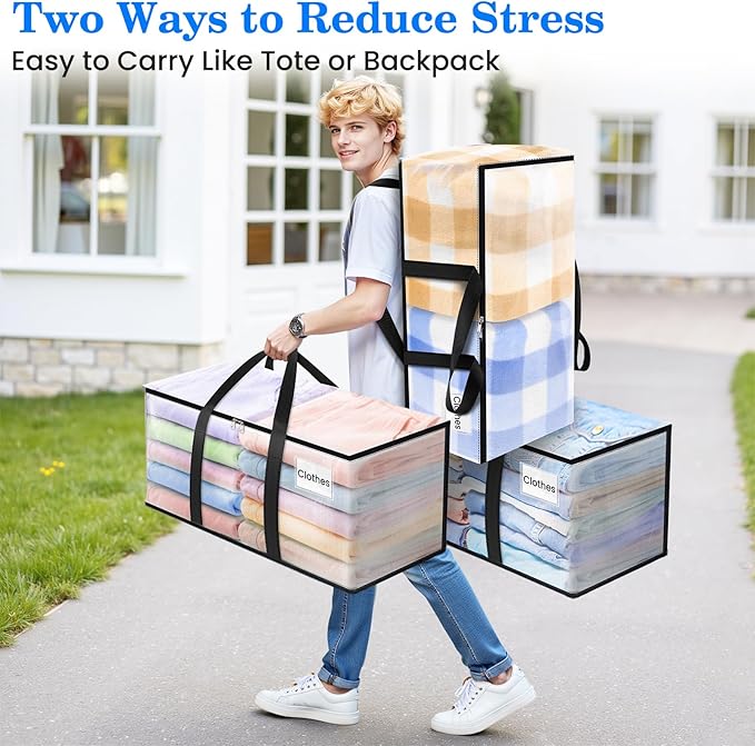 BlissTotes 2-Pack Large Moving Bags with Backpack Straps & Strong Zippers, Heavy-Duty Storage Bags Moving Boxes for Space Saving, Dorms, Transport, 93L-25 Gallons, Clear