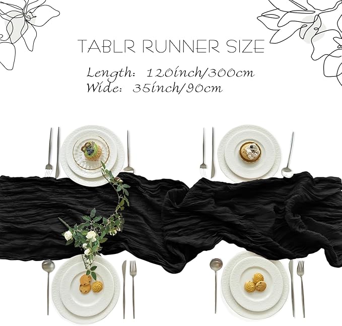 IVAPUPU 2 Pcs Cheesecloth Table Runner - 10ft Black Spring Boho Gauze Black Cheese Cloth Table Runners for Indoor Baby Shower Decorations Wedding Party Garden Decor
