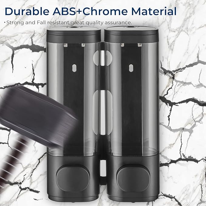Pollock Shower Dispenser 2 Chamber No Drill Shampoo Conditioner Body Wash Dispenser for Bathroom, Large Capacity, Black