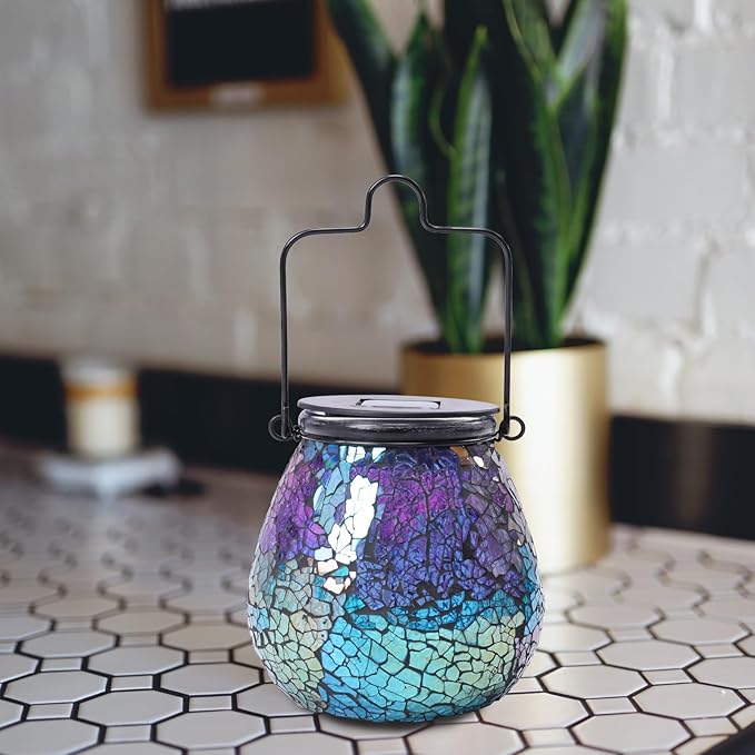Bshine Mosaic Solar Lantern Outdoor Hanging Waterproof, Colourful Glass Purple Lantern Valentine's Day Indoor Decor Table, Garden Decor for Yard Outside, Lawn, Birthday Gift for Mom Women Gardening