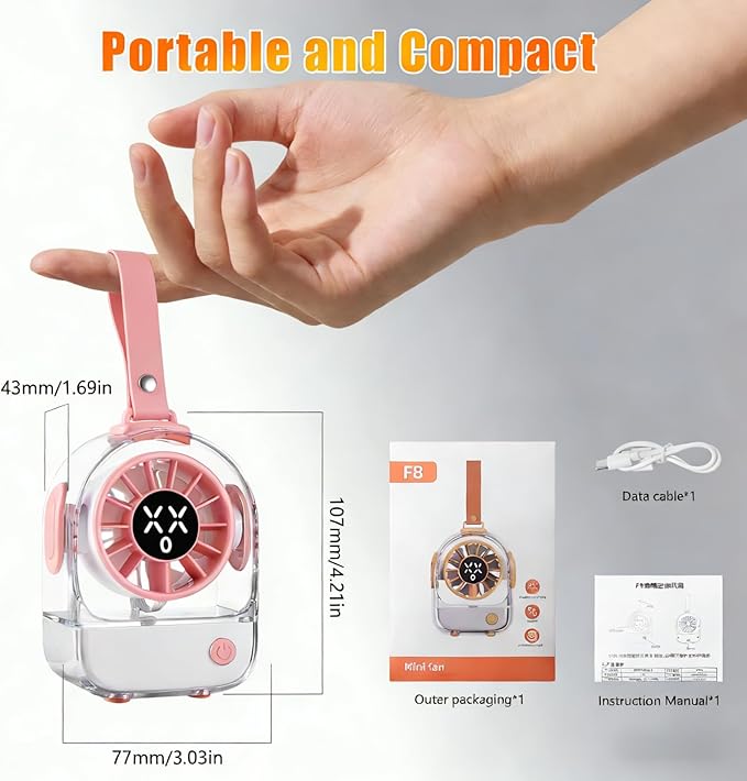 VanSmaGo Portable Mini Fan, 3 IN 1 USB Rechargeable Small Fan with 5 Powerful Speeds, LED Display, Battery Operated Handheld/Desk/Travel Personal Fan Portable for Disney World Must Haves Kids Toy