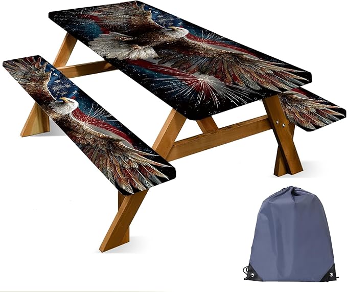 ANNA QUEEN Eagle Flag Independence Day Picnic Table Cover 6FT with Bench Covers Picnic Table Cover Set 3PCS 72"x30", Outdoor Bench and Tablecloth Furniture Protection