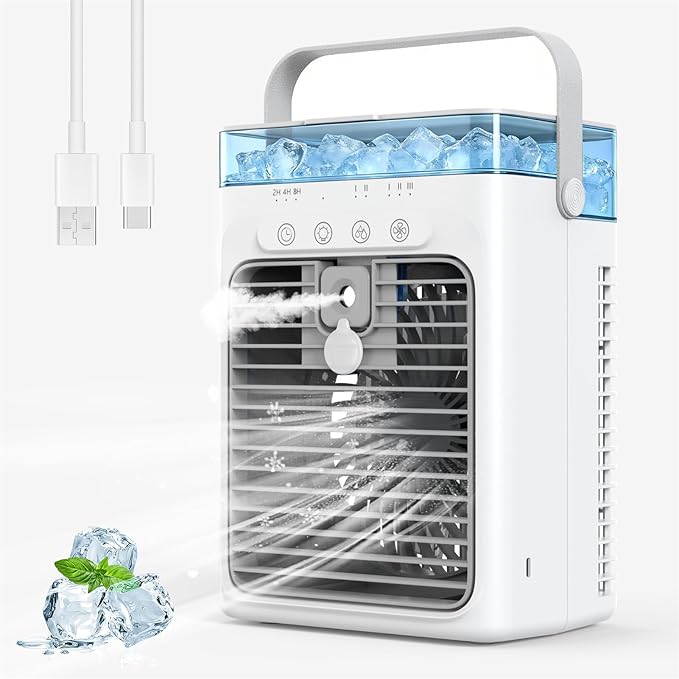 Portable Air Conditioners, Personal Evaporative Air Cooler, 3-Speed Small AC Fan, 8H Auto-off, Mini Air Conditioner, Cooling Fan for Car, Desktop, Camping, Bedroom, Office (Gray)