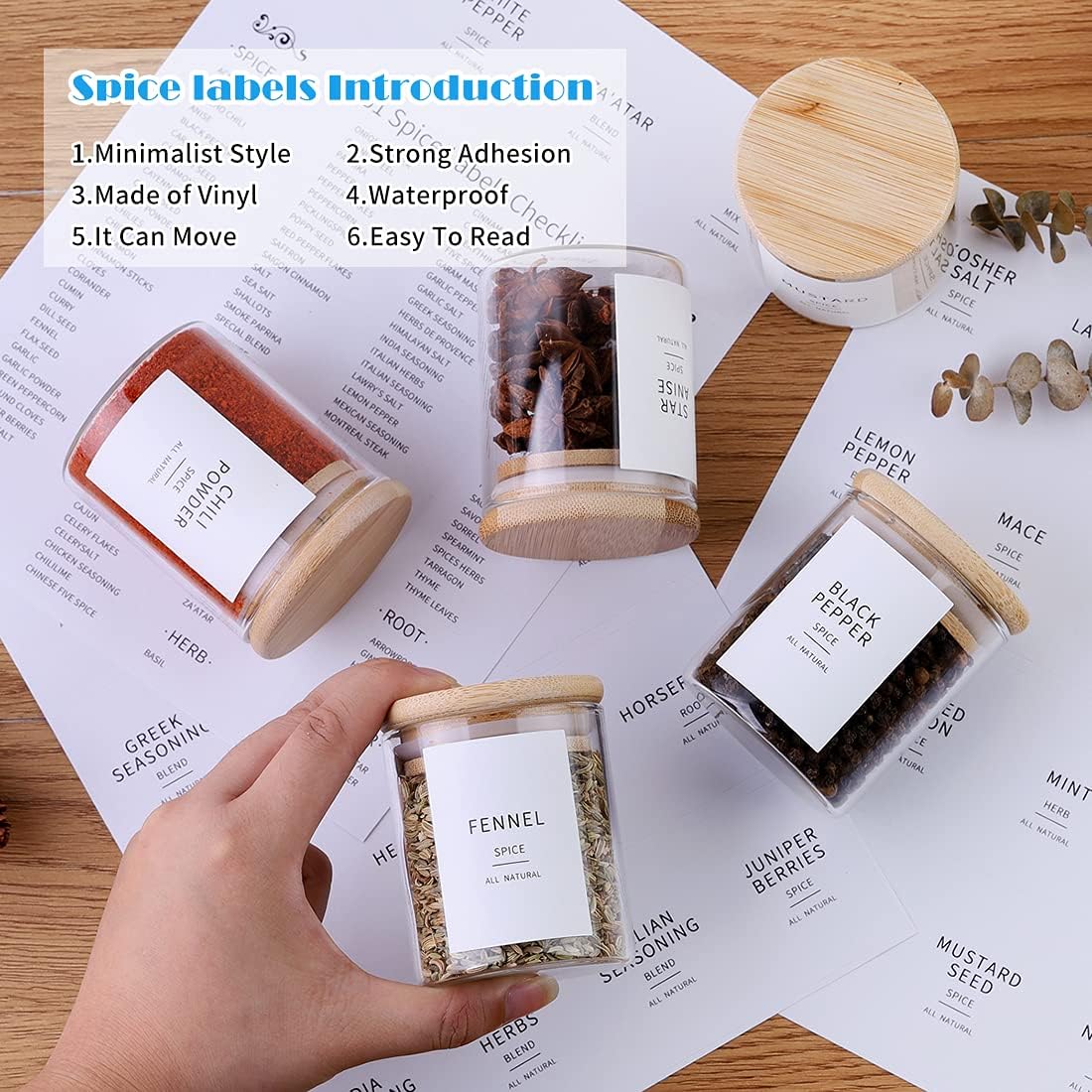 Glass Spice Jars with Bamboo Lids - 20 Pcs Thicken(2.4mm) 4oz Airtight Seasoning Containers with 131 Waterproof Minimalist Spice labels Preprinted