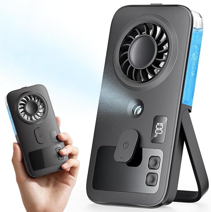 Otlonpe Mini Portable Handheld Misting Fan Hand Held Rechargeable Portable Fan with Mist 4-Speed LED Display Slim Foldable Small Personal Cooling Water Spray Mister Fans for Travel Women Kids (Black)
