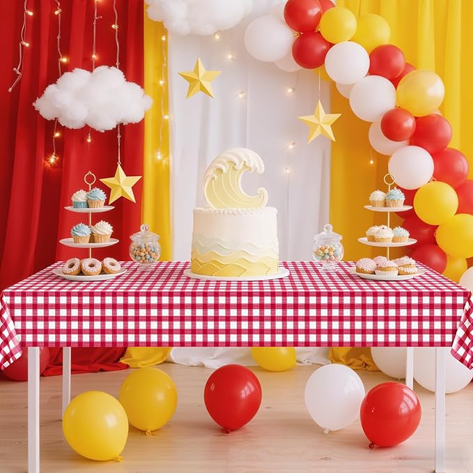 1 Pack Red Striped Gingham Tablecloths, 54 x 108 Inch Disposable Plastic Rectangle Table Covers, Waterproof Red and White Checkered Table Cloths for Picnic, Birthday, Party, Outdoor Events