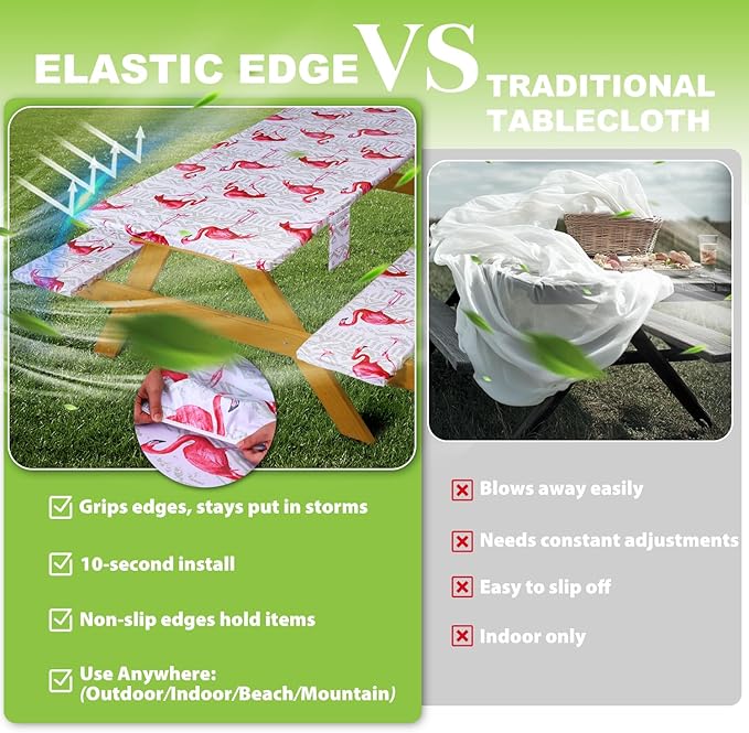 Picnic Table Cover with Bench Covers Vinyl Elastic Edges Fitted Rectangle Tables Seat Waterproof 3-Piece 96X30in Set Outdoor Rectangular Folding Backing Tablecloth for Camping Over Size White Flamingo