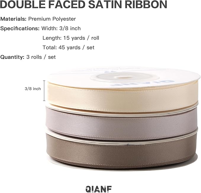 QIANF Champagne Double Face Satin Ribbon 3/8 Inch x 45 Yards Ivory Fabric Ribbon for Gift Wrapping, Flower Bouquets, Hair Bows Making, Wedding Decoration, Invitation Cards, Christmas (3 Rolls *15Yd)