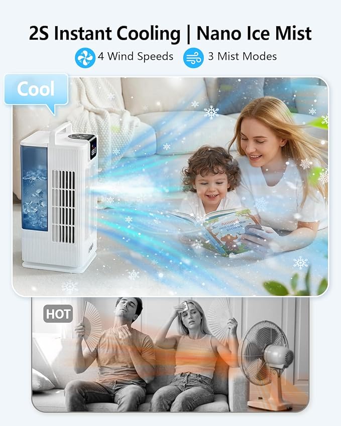 Portable Air Conditioners, 2000ML Personal Air Conditioner, Mini Air Conditioner, Evaporative Air Cooler Fan with 120° Oscillation, 7 RGB Light Modes, 4 Speeds & 1-8H Timer for Bedroom Office