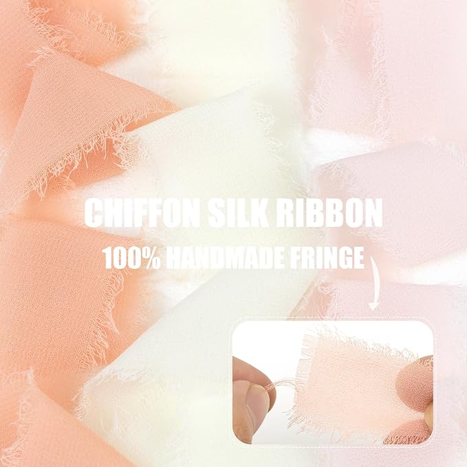 Peach Pink Chiffon Ribbon 1 Inch x 21Yds Handmade Fringe Chiffon Silk Ribbon Peach/Pink/Ivory Frayed Chiffon Ribbon for Gift Wrapping Wedding Invitation Flower Bouquets Bridal Shower