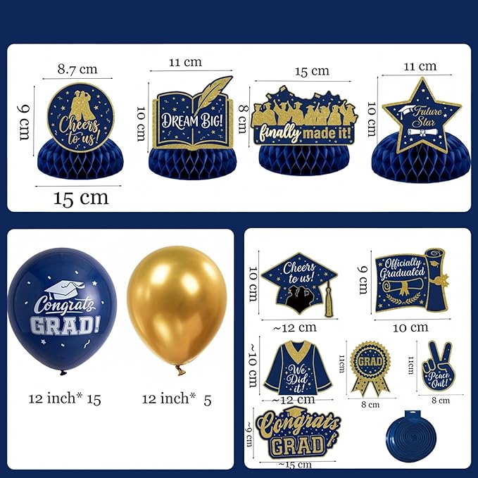 Class of 2026 Graduation Party Decorations - Navy Blue & Gold Set: GRAD Foil Balloon , Backdrop Banner, Honeycomb Centerpieces, Hanging Swirls & Mylar Letters - Complete 2026 Grad Prom Supplies