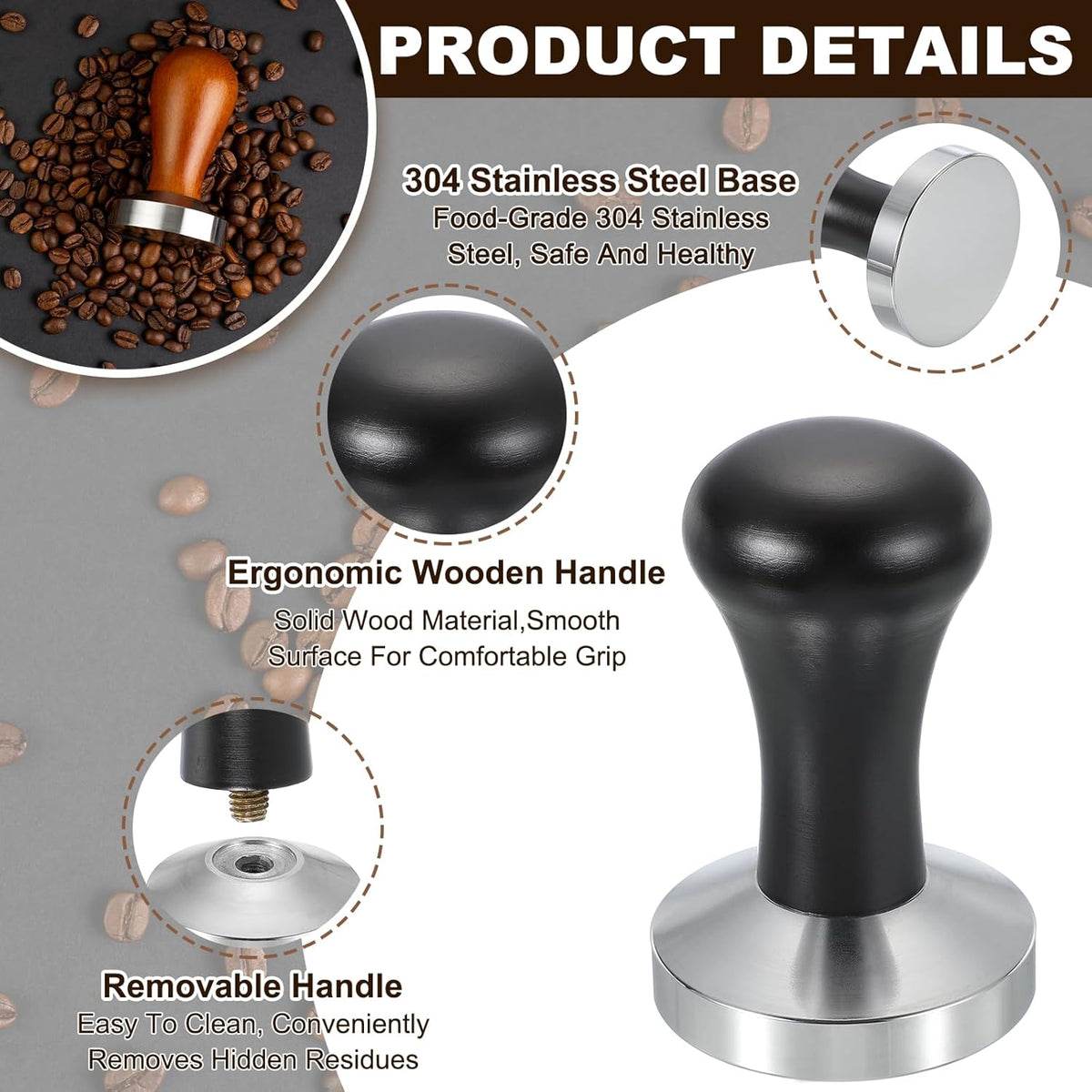 uxcell 58mm Coffee Tamper, Stainless Steel Espresso Press Tamper, Espresso Tamper with Wooden Handle Suitable for Coffee Shop, Restaurant Bar