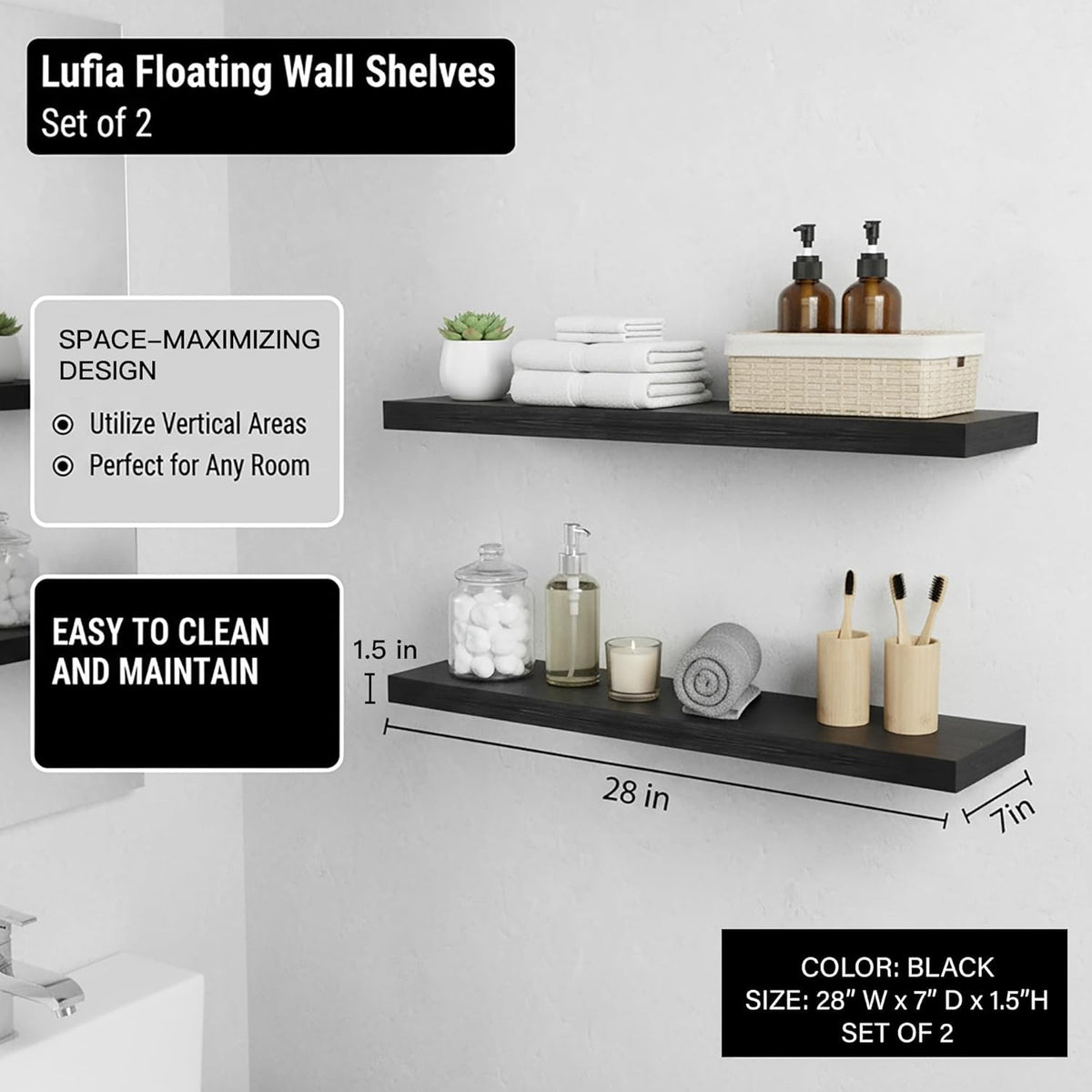 Lufia Floating Wall Shelves, Set of 2, MDF with Invisible Brackets, Modern Storage for Bedroom, Bathroom, Living Room, Kitchen (Black
