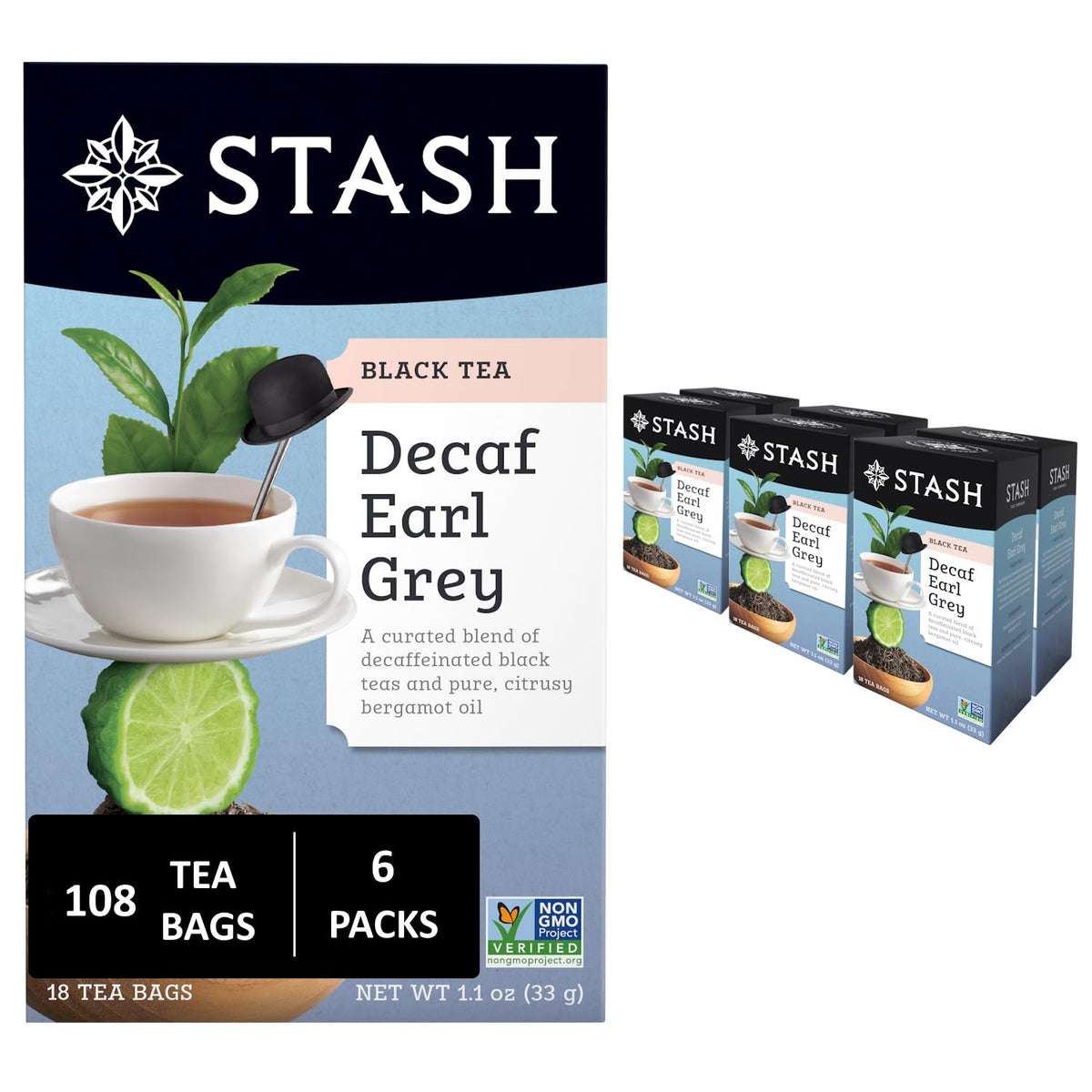 Stash Tea Decaf Earl Grey Black Tea - Decaf, Non-GMO Project Verified Premium Tea with No Artificial Ingredients, 18 Count (Pack of 6)