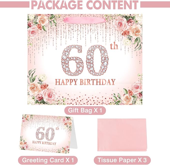 Laidans Rose Gold 60th Happy Birthday Gift Bag with Tissue Paper and Card for Women Party Supplies (Rose Gold) (60th)