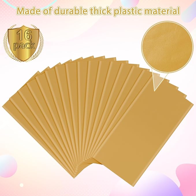 16 Pack Gold Plastic Tablecloth for Rectangle Tables, Premium Decorative Gold Disposable Table Cloths for Parties, Bulk Rectangle Party Table Cover for Birthday, Wedding, Anniversary, 54 x 108 Inch