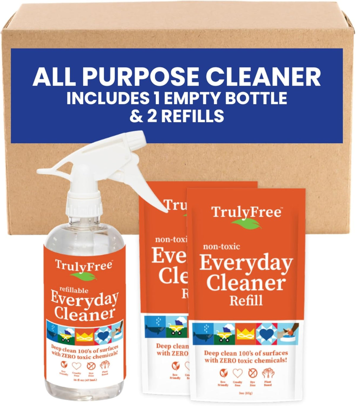 Truly Free Everyday Cleaner - Multipurpose Cleaner Spray, Kitchen Counter Cleaner, Natural Cleaning Products, Multi-Surface Household Solution, 1 Empty Bottle Spray (16oz) & 2 Refills (3oz each)