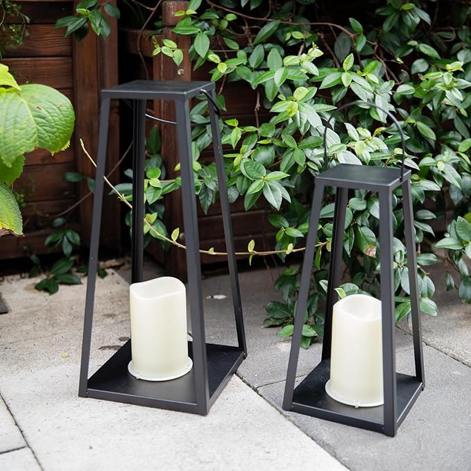 HPC Decor 2PCS Solar Lanterns for Outdoor Decor-20in 15.6in Black Metal Candle Lanterns w/ Waterproof Solar Powered Candles- Modern Farmhouse Hanging Decor for Front Porch,Yard Garden Patio